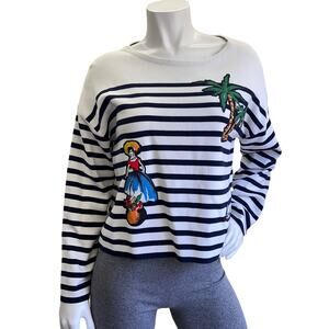 J Crew Striped Cotton White/Blue Sweater with Cabana patches Size M